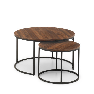 Bellini Round Nesting  Coffee Tables Walnut on Black Metal Frame