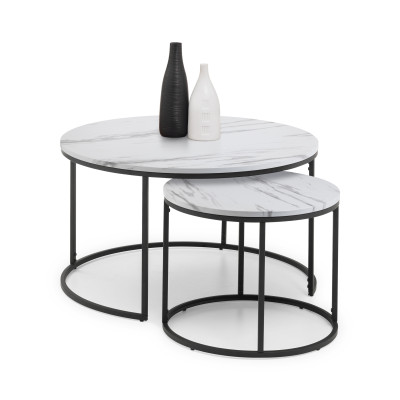 Bellini Nest of 2 Coffee Tables Black Metal Frame White Marble Finish