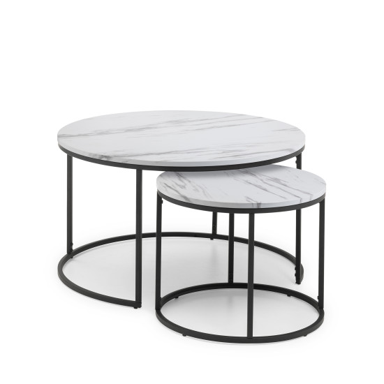 Bellini Nest of 2 Coffee Tables Black Metal Frame White Marble Finish