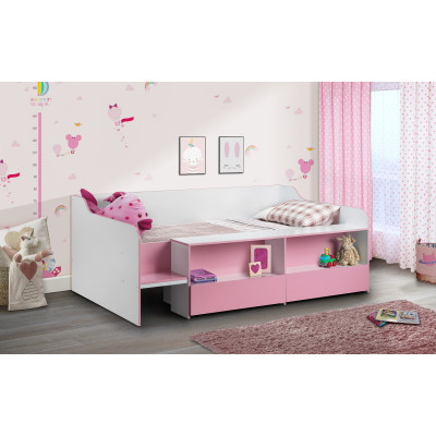 Stella Low Sleeper Bed, Drawers & Shelving Pink & Matt White