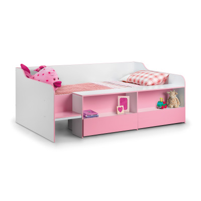 Stella Low Sleeper Bed, Drawers & Shelving Pink & Matt White