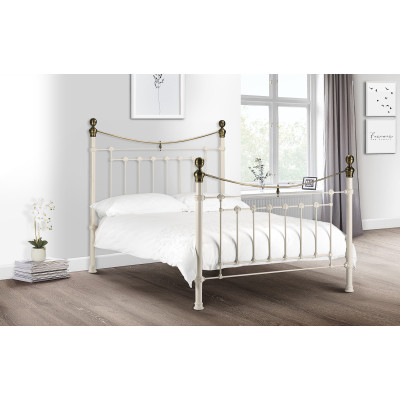 Victoria Bed 135cm Double Stone White & Brass Frame